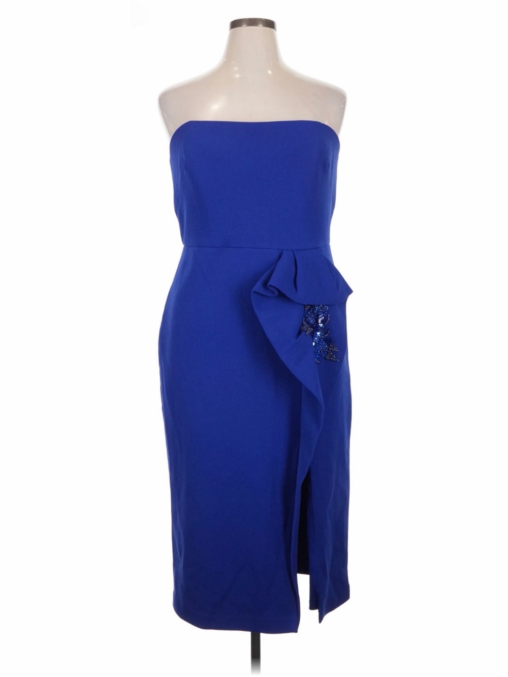 Aidan Mattox Royal Blue Strapless Midi Dress with Draped Bow and Applique